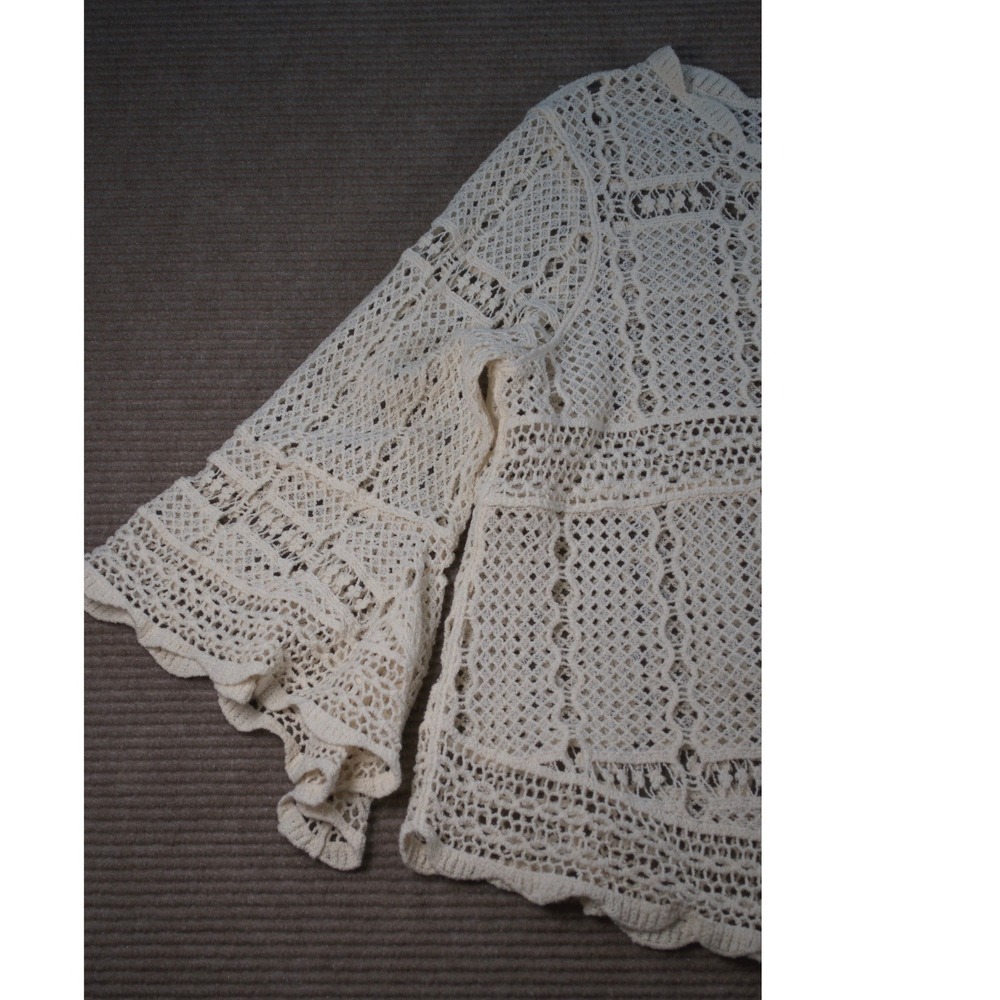 Boho Cream Cotton Crochet Open Knit Bell Sleeve Blouse Top M/L - Picture 6 of 9
